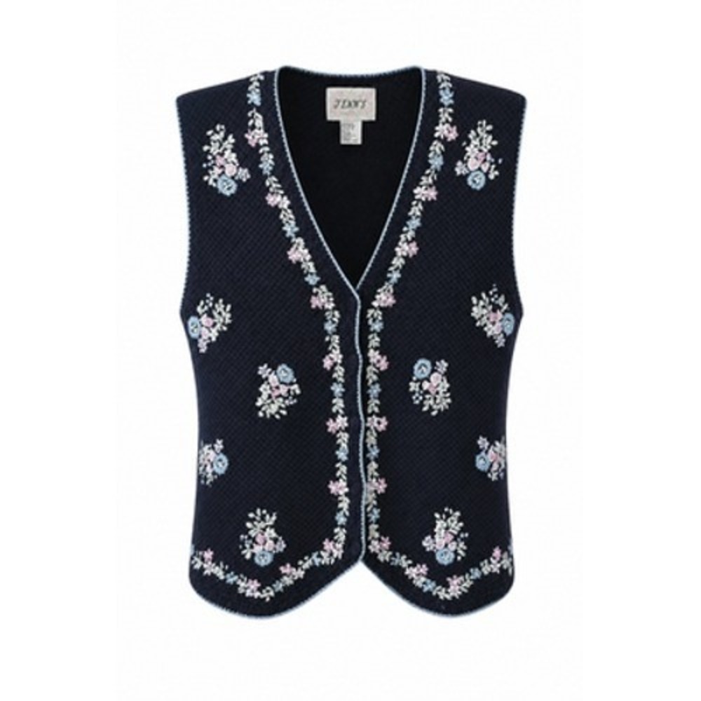 VTG Jenny Grandmacore Sweater Vest Women L Navy Blue Floral Embroidered Knit